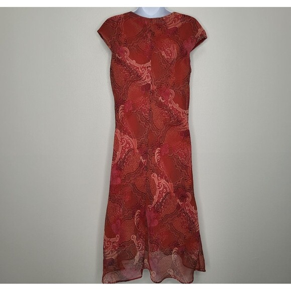 Vintage y2k red paisley lace print cap sleeve midi romantic moody dress size 8 - Picture 2 of 5
